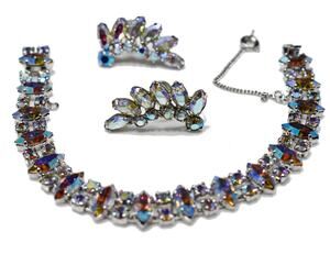 B. David Rhinestone Bracelet & Earrings Set, AB Crystals, Screw Back Earrings